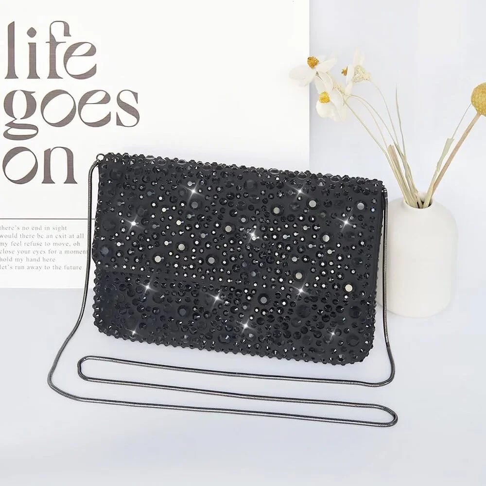 ⚡ Women's‎ Sparkling Black Evening Rhinestone Shoulder Chain Crystal Clutch Bag